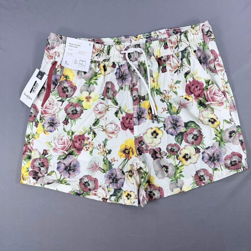 Goodfellow Mens L Off-White Floral Polyester Swim Trunks 5" Inseam UPF 50+ Liner